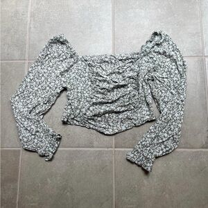 Altar'd State Olive Green and White Ruched Floral Crop Blouse